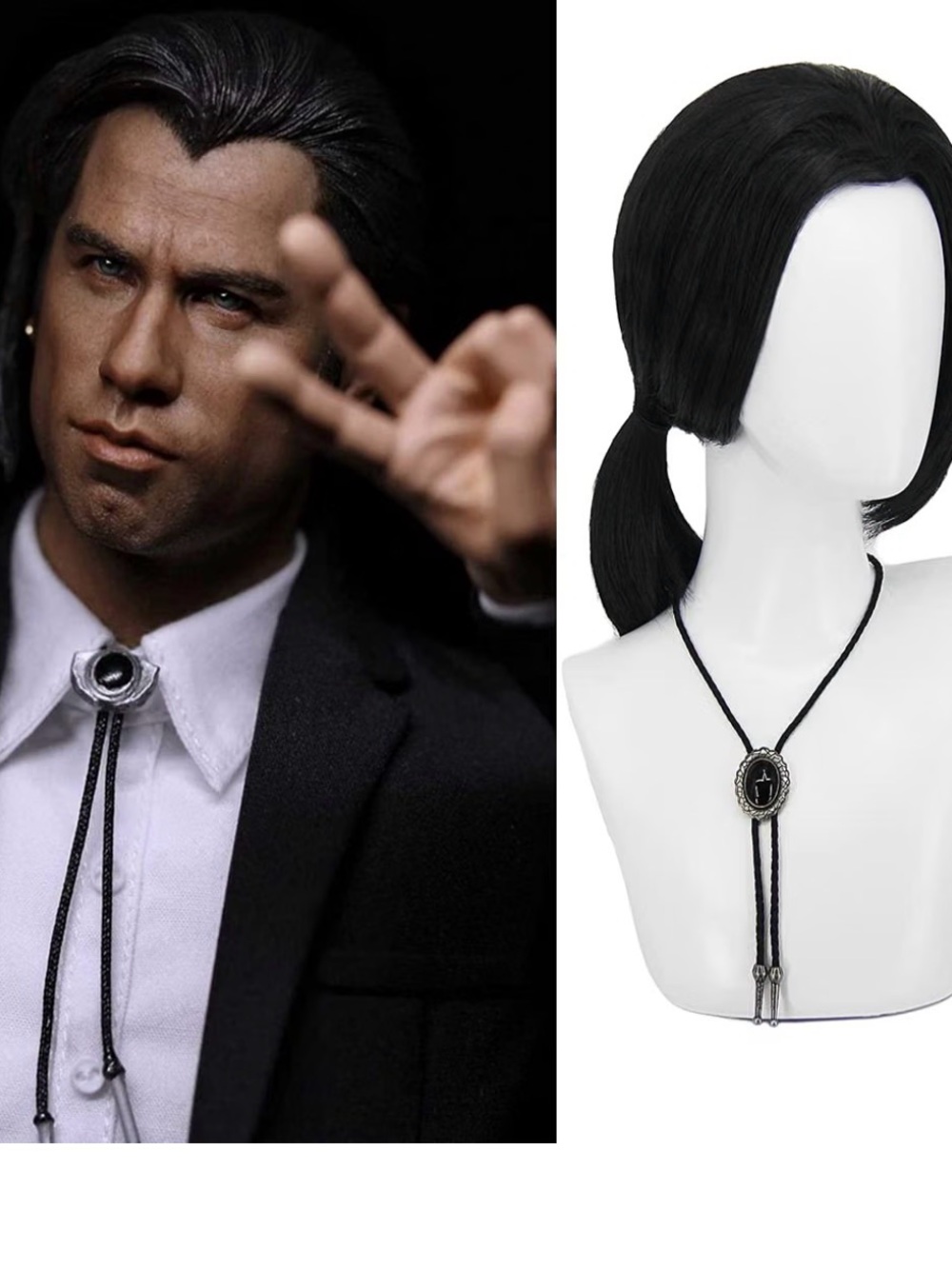 Men's Black Western Bolo Tie with Oval Concho and wig